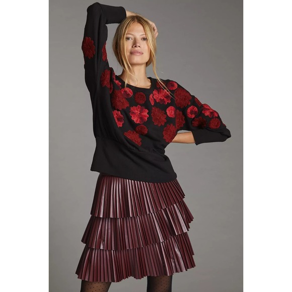 Maeve Tops - Anthropologie Maeve Red Floral Yarn Embroidered Black Sweatshirt Size Medium